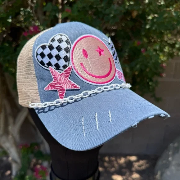 New Custom Blue Denim Cap with Smiley and Star Patches - Picture 2 of 4